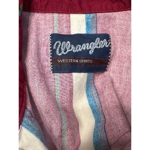 Vintage Wrangler Western Brush Popper Pearl Snap Shirt Striped  Rodeo Burgundy - Picture 3 of 6